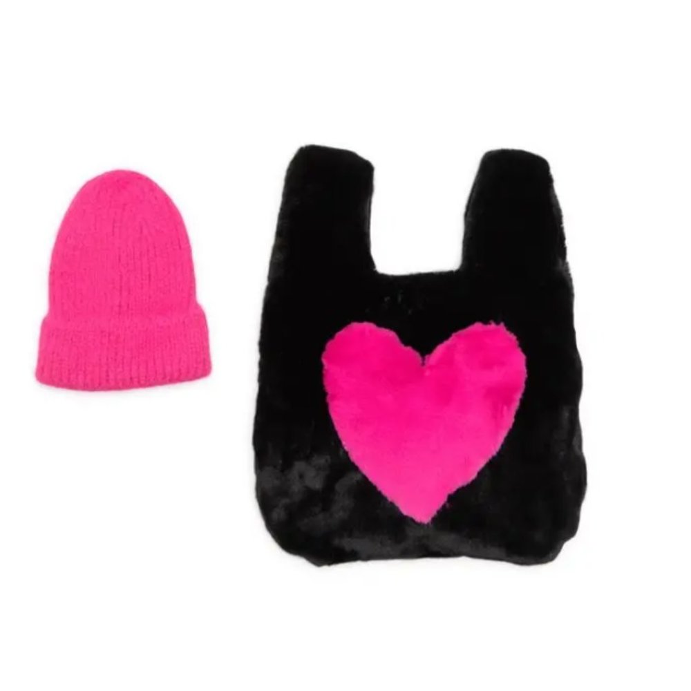 bp Faux Fur Heart Bag with Matching Beanie Set
